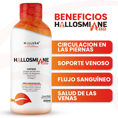 Hallosmine Acua, Suplemento Líquido para las circulación en piernas y apoyo venoso, con Vinagre de Manzana, Magnesio, Vitamina C y Omega 3 | 500 ml